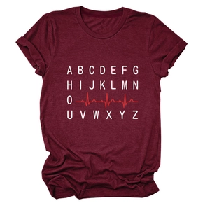 Detailed flat lay of maroon t-shirt with white alphabet and red heartbeat print