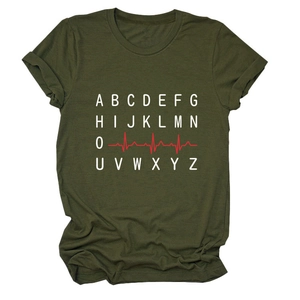 Close-up of army green t-shirt with creative ECG heartbeat and alphabet print detail
