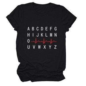 Detail of black cotton T-shirt featuring alphabet design and red EKG heartline graphic