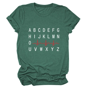 Detail of white alphabet print and red heartbeat line on heather green cotton T-shirt