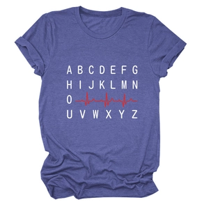 Close-up of blue short sleeve T-shirt with white A-Z lettering and red ECG heartline graphic