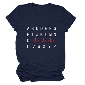 Detail of navy blue t-shirt featuring white alphabet grid and red heartbeat line print