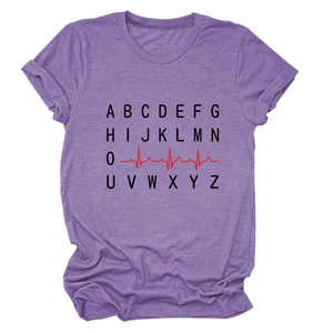 Detail of purple heather fabric T-shirt with heart rate and letter printing
