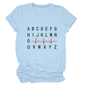 Close-up of light blue cotton T-shirt featuring creative ECG line and alphabet design