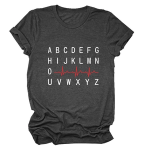 Detail of creative EKG line and white alphabet print on charcoal heather cotton t-shirt
