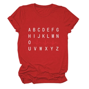 Detail of red crew neck T-shirt with white alphabet print and creative heartbeat graphic