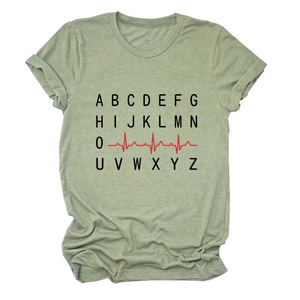 Close-up of light green cotton T-shirt with black alphabet and red heartbeat line print