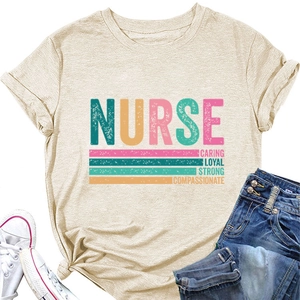 Flat lay of beige nurse t-shirt with caring loyal strong print and denim jeans