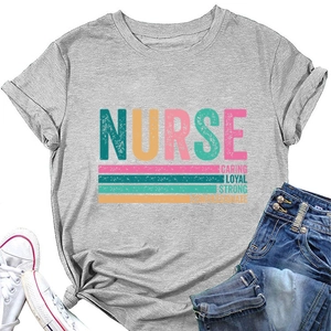 Flat lay of gray nurse T-shirt with caring loyal strong print and denim jeans