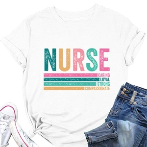 Flat lay of a white cotton t-shirt featuring nurse theme typography with colorful stripes