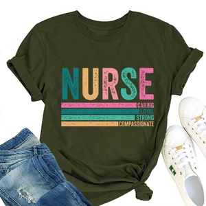 Close-up of olive green nurse T-shirt with caring loyal strong slogan text and colorful print