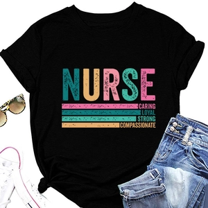 Detail of a nurse caring loyal strong black cotton T-shirt with stylish front knot design