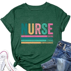 Close-up of nurse print text on dark green cotton t-shirt with denim shorts and shoes