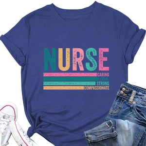 Close-up of blue nurse t-shirt with colorful caring loyal strong text print design
