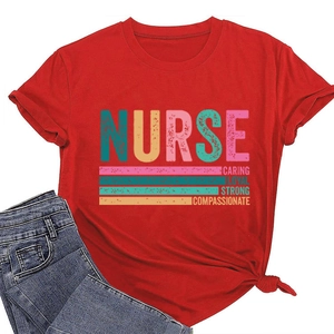 Detail of red nurse t-shirt with caring loyal strong print and denim pants