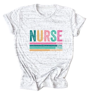 Detail of Nurse graphic t-shirt with Caring Loyal Strong printed text on heather white fabric