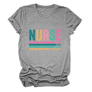 Close-up of nurse print on heather grey t-shirt showing detailed fabric texture and collar