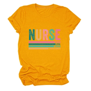 Detail of yellow cotton nurse t-shirt with caring loyal strong printed typography