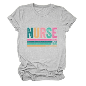 Detail of grey nurse t-shirt with caring loyal strong compassionate typography design