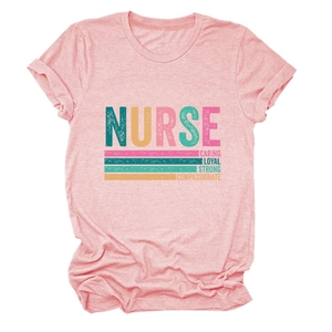 Detail of pink cotton T-shirt featuring nurse caring loyal strong pop art print