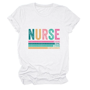 Close-up of nurse slogan print on white cotton T-shirt with vintage rainbow stripes