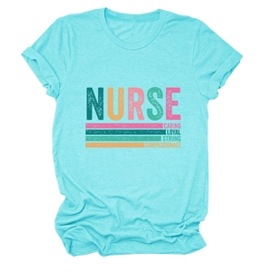 Detail of vintage nurse caring loyal strong colorful print on light blue cotton T-shirt