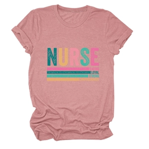 Detail of artistic Nurse slogan print on dusty rose crew neck cotton t-shirt for women