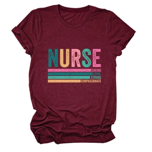 Nurse caring loyal strong print t-shirt in dark red color with classic round neck