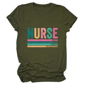 Detail of rolled cuffs and rainbow printed text on the olive green nurse t-shirt