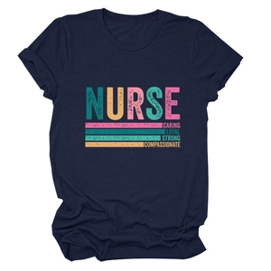 Detail of navy blue nurse T-shirt with caring loyal strong compassionate print