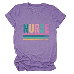 Detail of purple nurse t-shirt with caring, loyal, strong, and compassionate prints