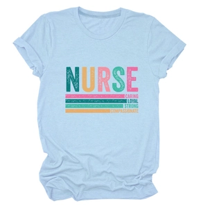 Close-up of nurse theme text print on light blue cotton blend short sleeve t-shirt