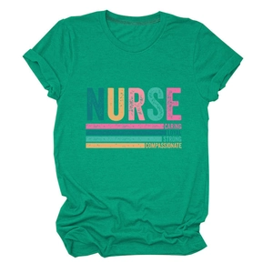 Detailed view of green nurse t-shirt featuring caring loyal strong graphic print