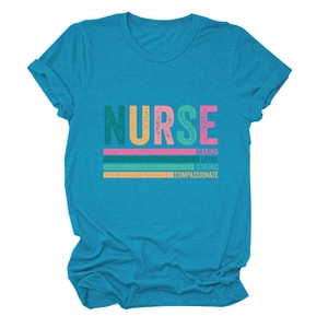 Flat lay of teal nurse t-shirt with caring loyal strong compassionate typography