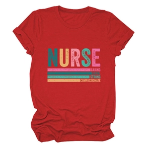 Detail of red nurse T-shirt with rolled sleeves and caring loyal printed artistic text