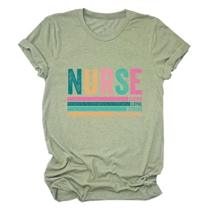 Detail of olive green nurse t-shirt showing Caring Loyal Strong print and fabric texture
