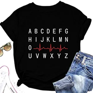 Women Casual Cotton Blend Short Sleeve T-Shirt Round Neck Alphabet Heartbeat Wave EKG Graphic Print Loose Summer Top