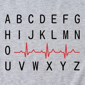 Fashionable grey cotton T-shirt featuring a unique heart rate line and alphabet print