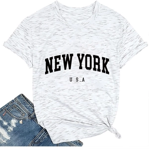 Close-up of New York USA printed white slub texture T-shirt with stylish front knot detail