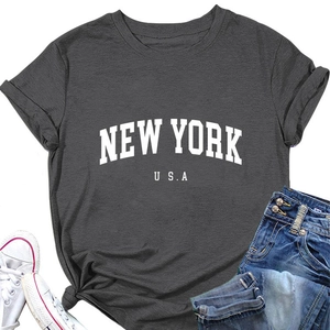 Detailed view of New York USA graphic print on dark gray cotton crewneck t-shirt