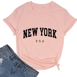Detail of light pink New York USA t-shirt with rolled sleeves and stylish front tie knot