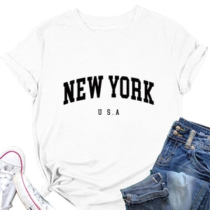 Flat lay of white New York USA cotton t-shirt with trendy waist knot detail