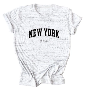 Detail view of New York USA vintage lettering on heather grey cotton T-shirt fabric
