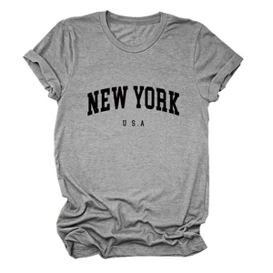 Close-up of New York USA graphic print on gray cotton short sleeve t-shirt fabric