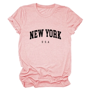 Detail of pink New York USA graphic print on soft heather texture cotton t-shirt