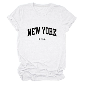 Detail of rolled cuffs and black New York USA graphic print on white cotton T-shirt