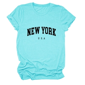 Detail of teal New York USA t-shirt showing cotton texture and rolled sleeve design