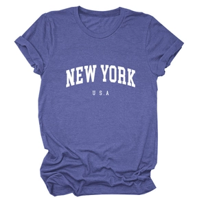 Close-up of New York USA print on heather purple-blue cotton t-shirt with cuffed sleeves