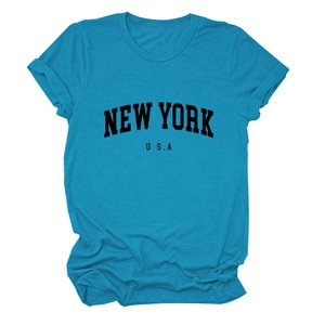 Short sleeve crewneck T-shirt in bright cyan with New York USA college style print