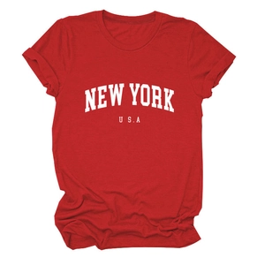 Detail view of the red cotton t-shirt with white New York USA text printing